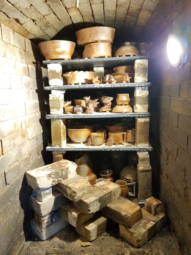 post-firing view of the inside of the (only 1/3 loaded) wood kiln